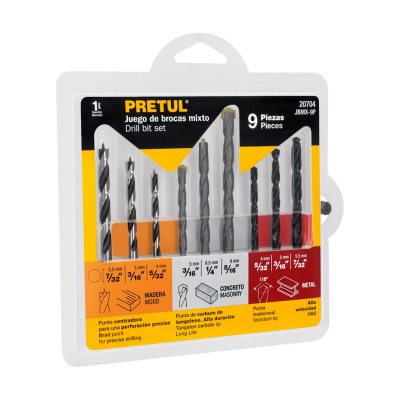 Juego de 9 brocas para metal, concreto y madera, Pretul