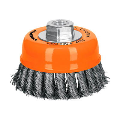 Carda copa 4" alambre trenzado grueso, eje 5/8"-11, Truper